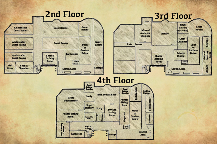 Alesta Castle map--diagram of the 2nd through 4th floors of the castle.