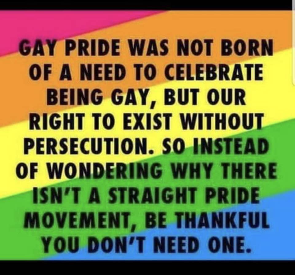 Text over a rainbow stating: Gay Pride was not born of a need to celebrate being gay, but our right to exist without persecution. So instead of wondering why there isn't a straight pride movement, be thankful you don't need one.