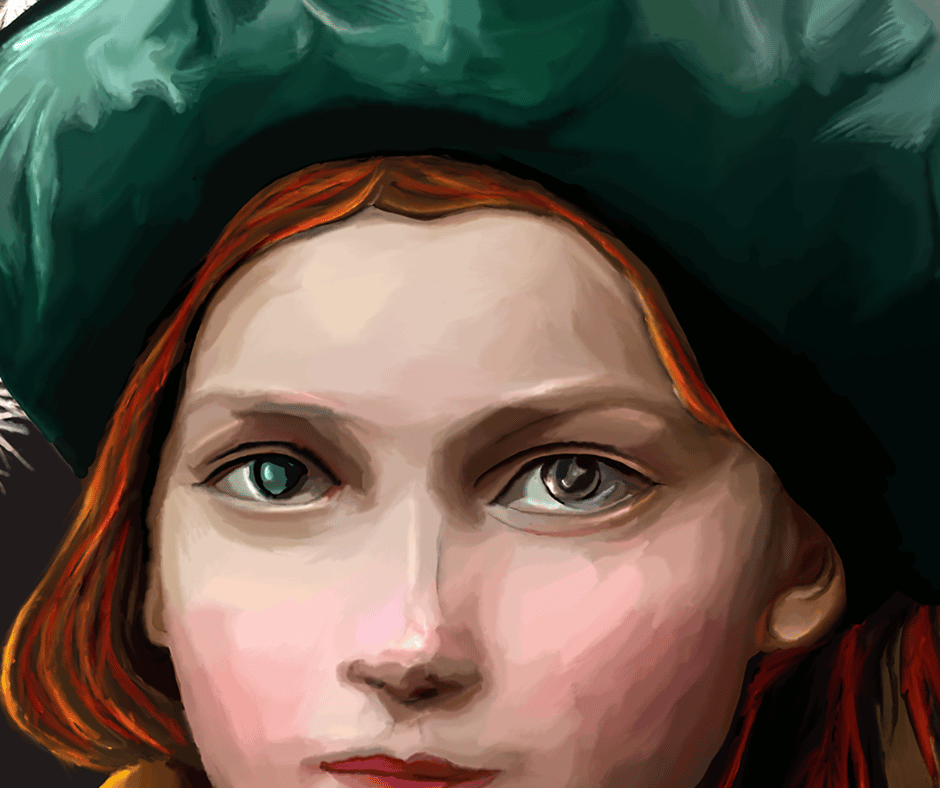 Zoomed-in image of Elise by Raven Oak. Painting shows part of a young girl's face, red hair, and wearing a green cap.