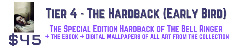 Tier 4 - The Hardback (Early Bird pricing) includes the special edition hardback, ebook, & digital wallpapers of all the art, for $45.