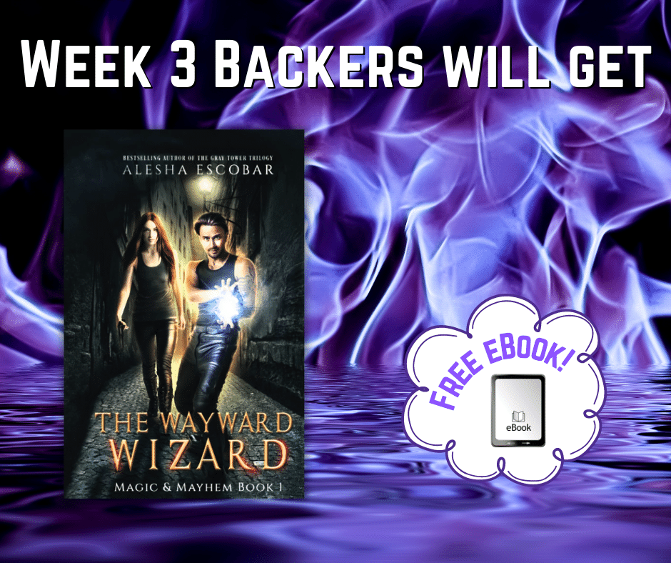 Week 3 Backers will get The Wayward Wizard by Alesha Escobar in ebook form. Cover shows a man with a magical ball standing in front of a woman with red hair. Both are wearing leather. 