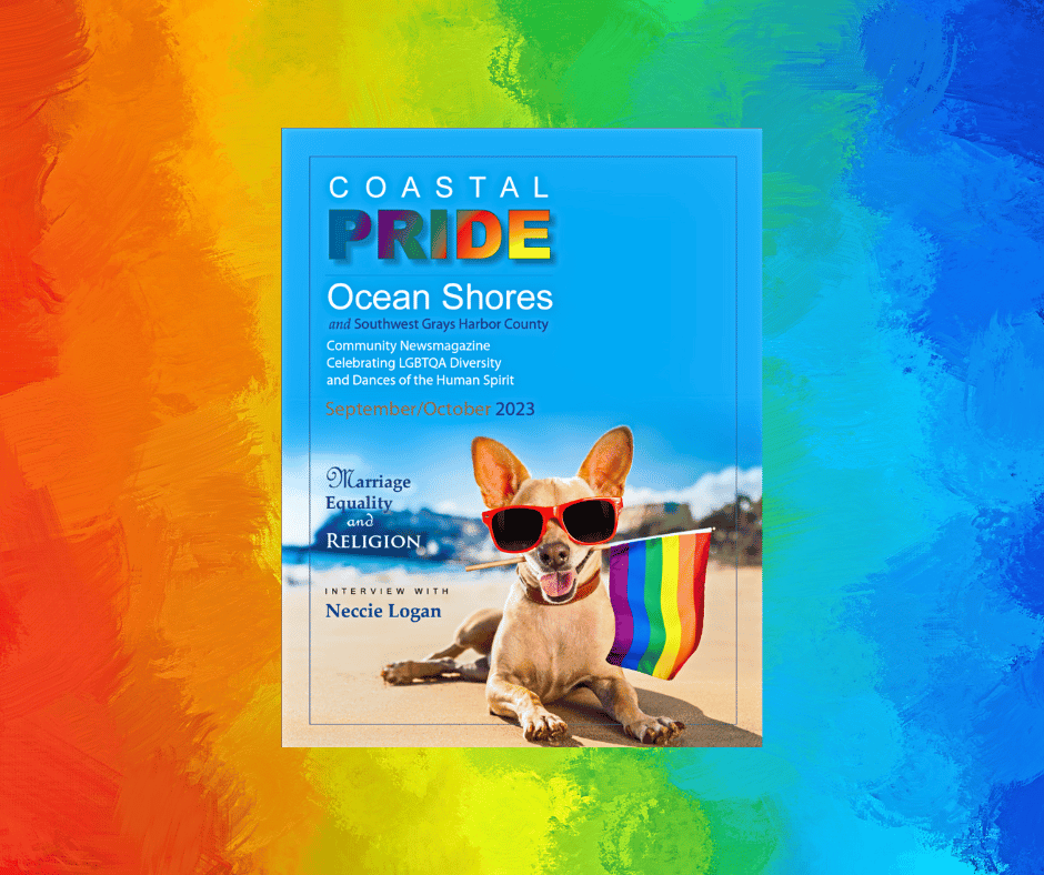 Magazine cover for Coastal Pride (Sept/Oct 2023 Issue) featuring a chihuahua wearing red sunglasses and holding a PRIDE flag in their mouth.