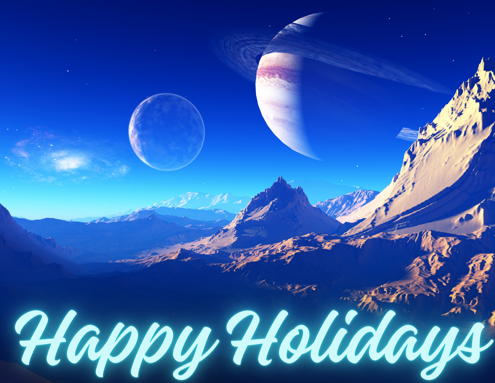 A spacey scene with the words Happy Holidays!