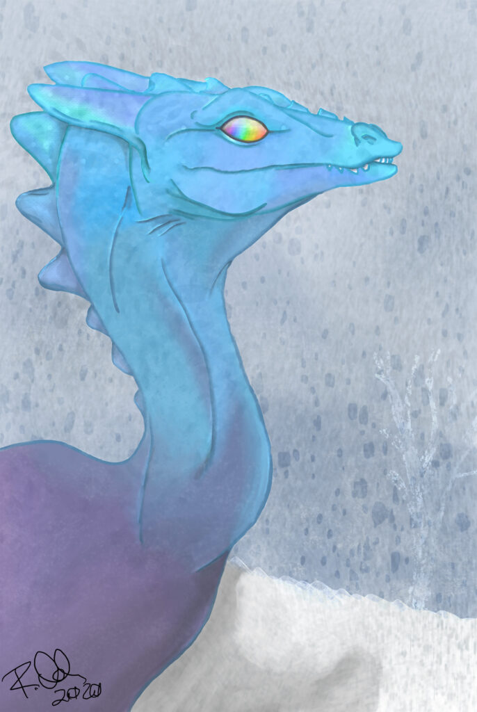 Blue Dragon by Raven Oak. Artwork features a blue and purple dragon with rainbow eyes sitting in a blizzard.