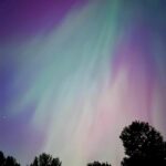 Picture of the aurora borealis from our street, which shows up as a dance of purples, blues, and greens in the sky.