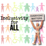 Image shows iconography of diverse people in the background. In the foreground is a wooden figure holding a sign saying Everyone Matters. The text says Inclusivity for All.
