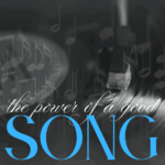 A vinyl record is playing in the background. Text says the power of a good song.