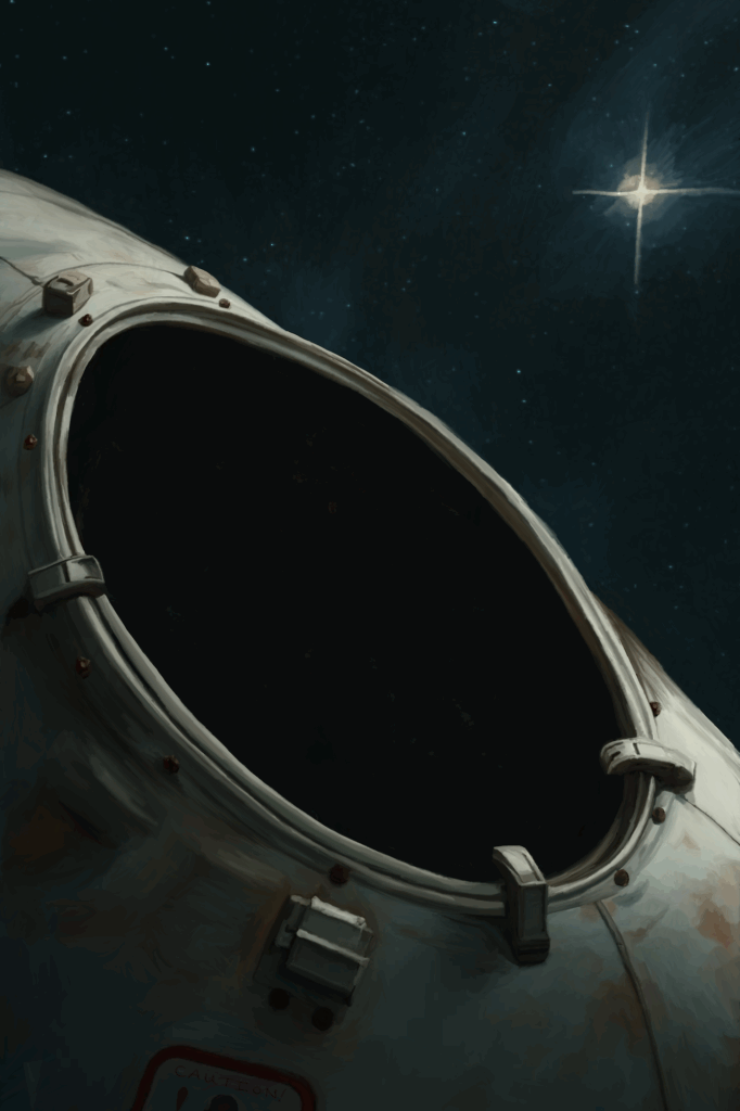 Space background with an open escape pod painted by Raven Oak to show the build up of the painting Freedom.