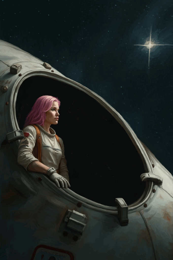 Space background with an open escape pod and a pink-haired female astronaut painted by Raven Oak to show the build up of the painting Freedom.