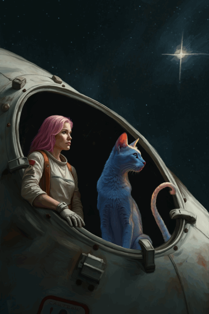 Space background with an open escape pod and a pink-haired female astronaut & a cat-like creature painted by Raven Oak to show the build up of the painting Freedom.