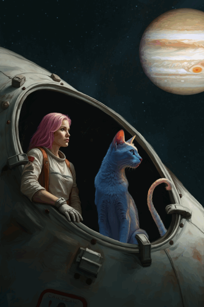 Space background with an open escape pod and a pink-haired female astronaut & a cat-like creature painted by Raven Oak to show the build up of the painting Freedom.