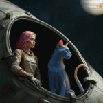 Art piece entitled Freedom by Raven Oak featuring a pink-haired woman in a space suit with a cat-like creature in an open escape pod. They are looking up at a distant Jupiter in the sky.