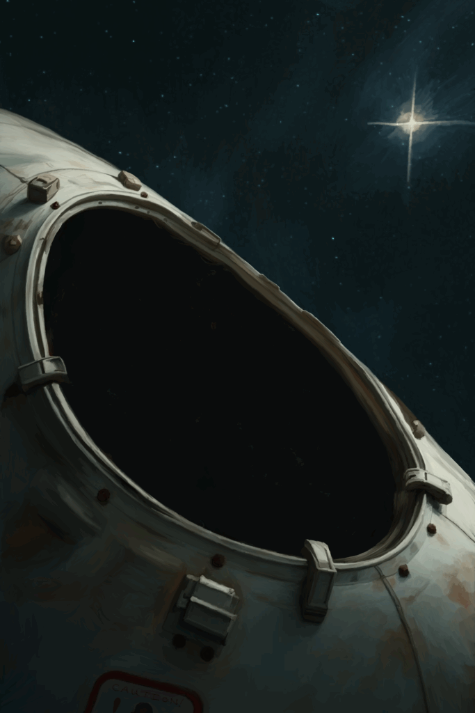Space background with an open escape pod painted by Raven Oak to show the build up of the painting Freedom.