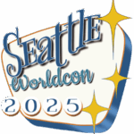 Seattle Worldcon 2025 logo in a 1950's retro style with yellow stars.