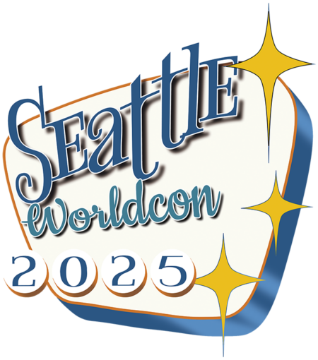 Seattle Worldcon 2025 logo in a 1950's retro style with yellow stars.