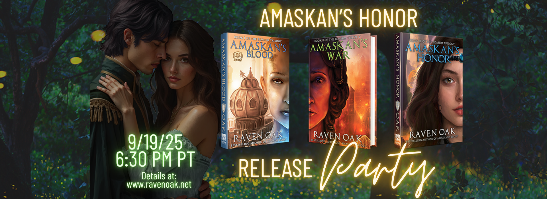 Amaskan's Honor Book Release Party ad with the covers of the trilogy's books and release party details in text.