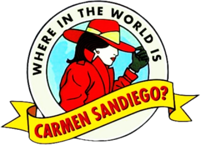 The logo for the TV game show entitled Where in the World is Carmen Sandiego? featuring a non-descript women with black hair and wearing a red hat and red trenchcoat.