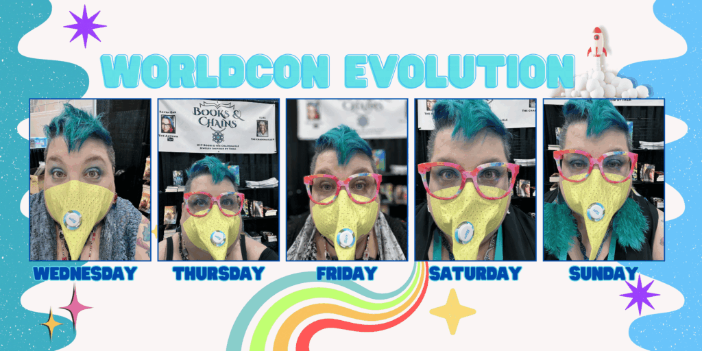 The Evolution of Raven Oak across the five days of WorldCon aka how tired they appear as the days go on. LOL. Wednesday and Thursday are fairly perky but by Sunday, they are very tired looking.