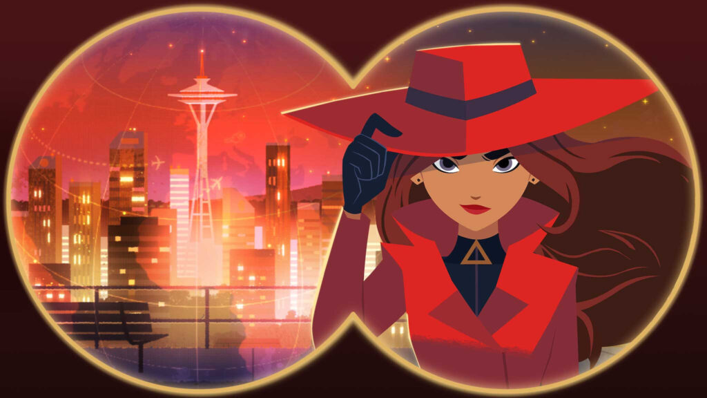 A screenshot from Carmen Sandiego on Netflix where she's standing in front of the Seattle Space Needle wearing her signature oversized fed fedora and red trench coat. I could be mistaken as to the name for her hat.