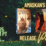 Amaskan's Honor Release Party ad with the covers of the trilogy by Raven Oak on it, along with party details.
